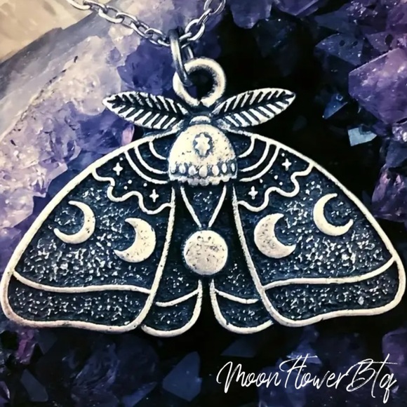 Celestial Moth Pendant Necklace • Moon Phase Boho Goth Jewelry - Picture 2 of 4